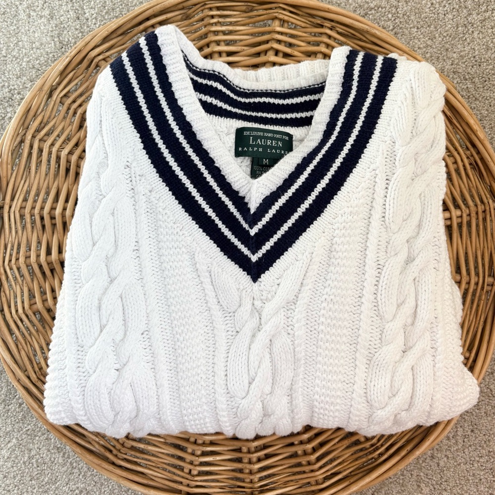 Lauren Ralph Lauren White Cable-Knit V-Neck Sweater with Navy Stripes